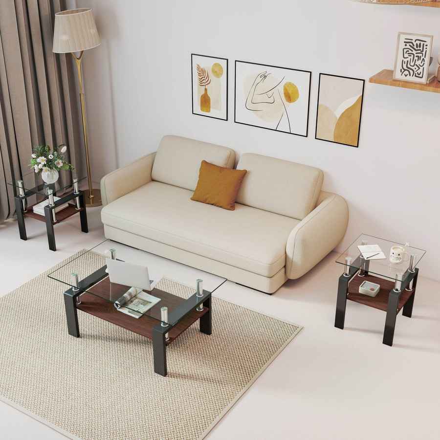 MLNshops modern glass coffee table set - 2pc tempered glass