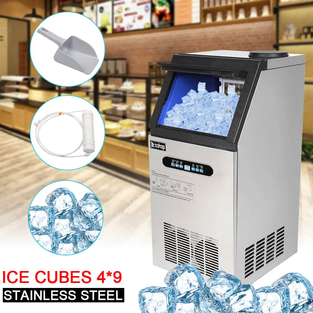 ZK-110 120V 240W 110lbs/50kg/24h Ice Maker Stainless Steel Transparent Frosted Lid/Display/4*9 Aluminum Ice Tray Commercial Silver MLNshops]