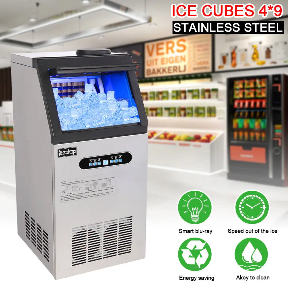 ZK-110 120V 240W 110lbs/50kg/24h Ice Maker Stainless Steel Transparent Frosted Lid/Display/4*9 Aluminum Ice Tray Commercial Silver MLNshops]