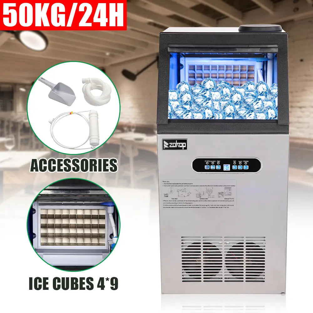 ZK-110 120V 240W 110lbs/50kg/24h Ice Maker Stainless Steel Transparent Frosted Lid/Display/4*9 Aluminum Ice Tray Commercial Silver MLNshops]