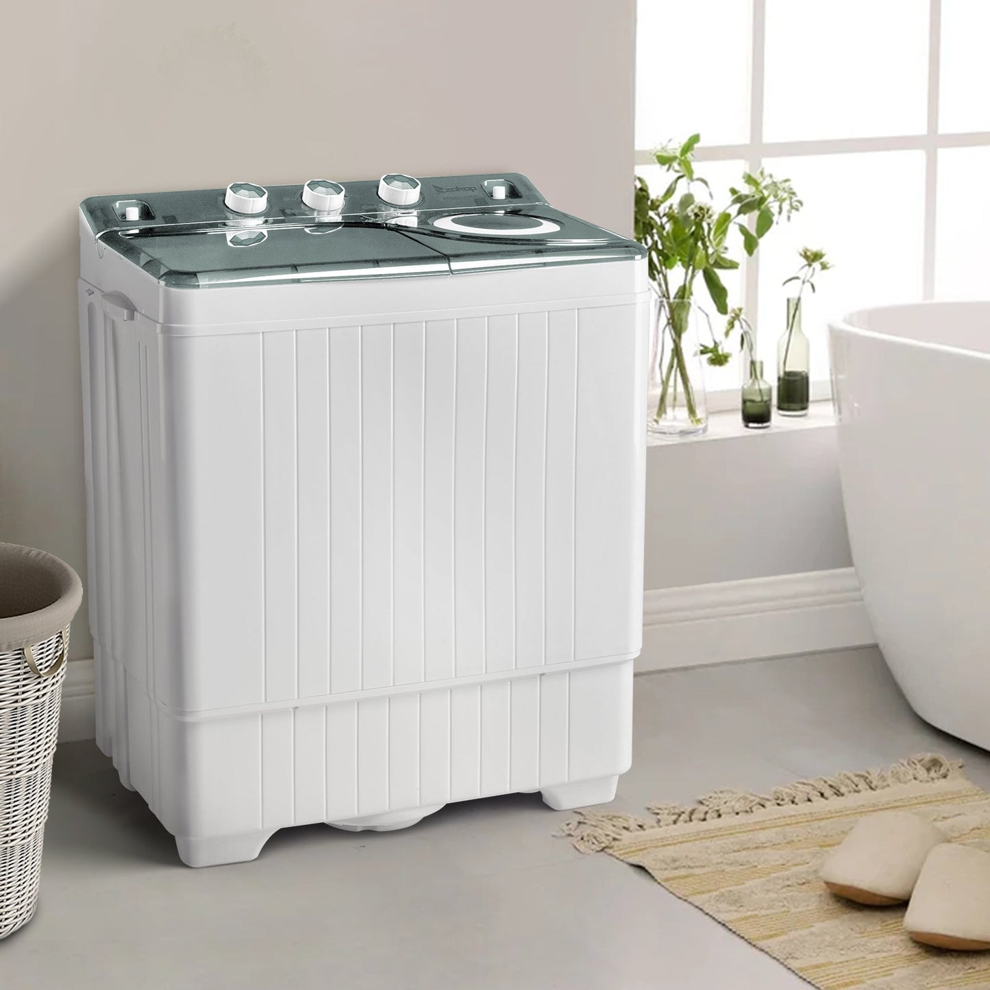 Twin Tub with Built-in Drain Pump XPB65-2288S 26Lbs Semi-automatic Twin Tube Washing Machine for Apartment, White & Grey