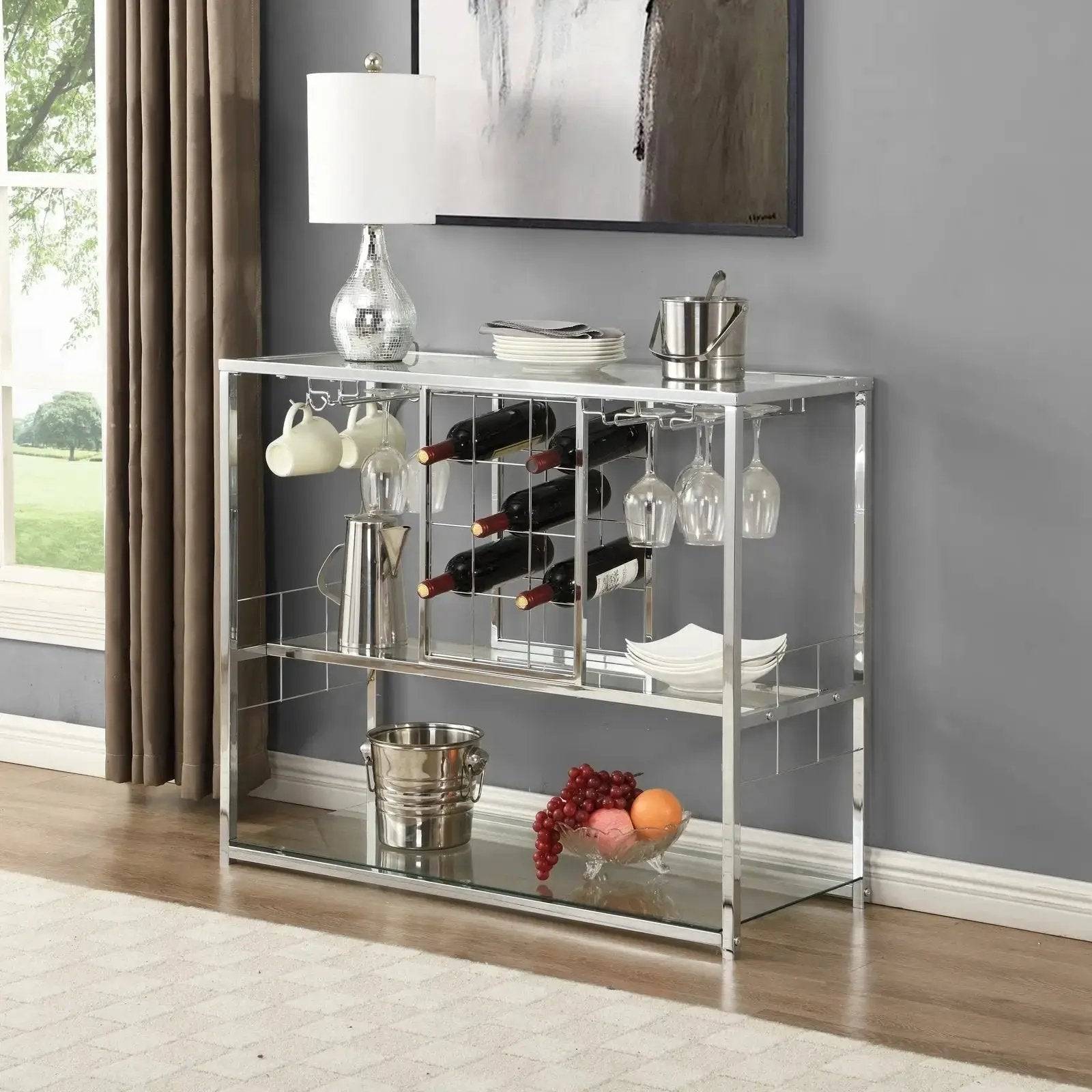 Chrome Wine Rack Silver Modern Glass Metal Frame Wine Storage