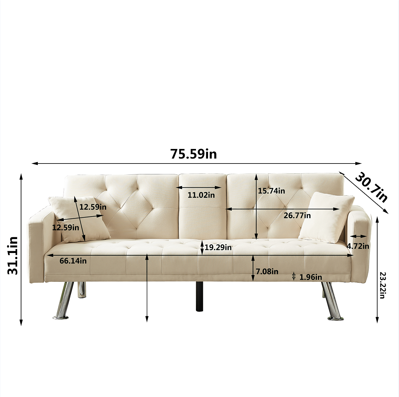 Convertible Sofa and Bed, Square Arm Armrests, Can Hold Water Cup, Two Pillow