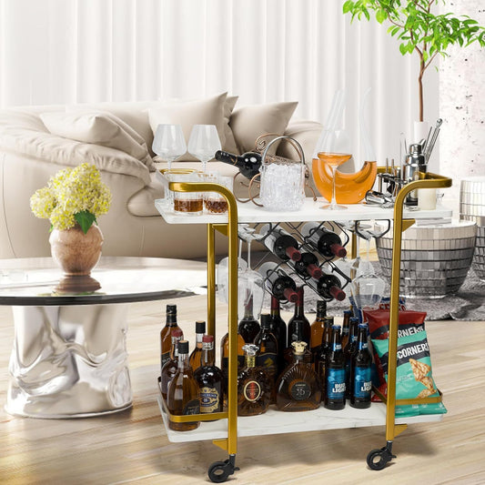 Deluxe Gold Bar Cart, with Glass Holders and Wine Racks, Modern Marbled Solid Wood Cart on Silent Wheels, 2-Tier Premium Texture Bar Cart MLNshops