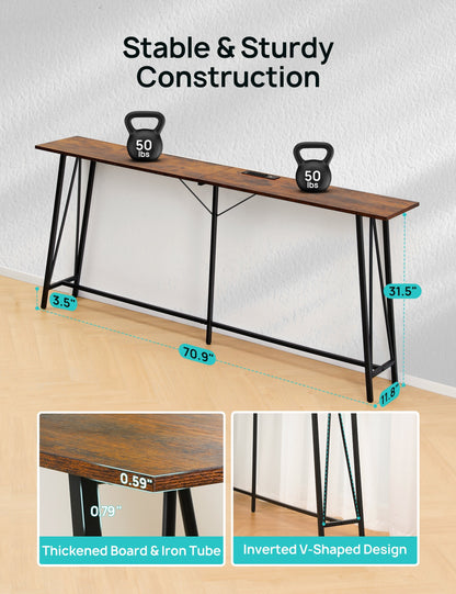 EVAJOY 70.9” Console Table,  Industrial Sofa Table with 3 Outlets and 2 USB Ports