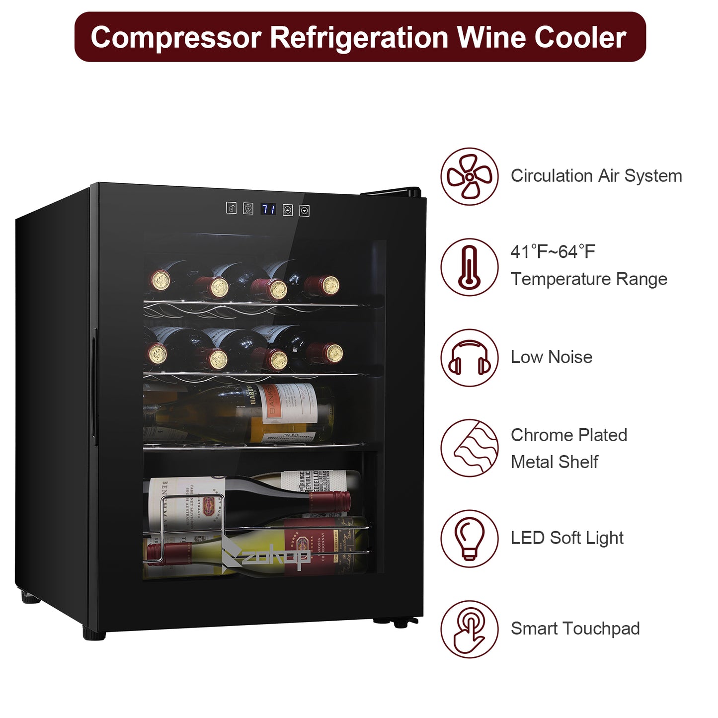Electronic Wine Fridges, Wine Cabinet Cold Rolled Sheet Transparent Glass Door / 16 Bottle with Display Black