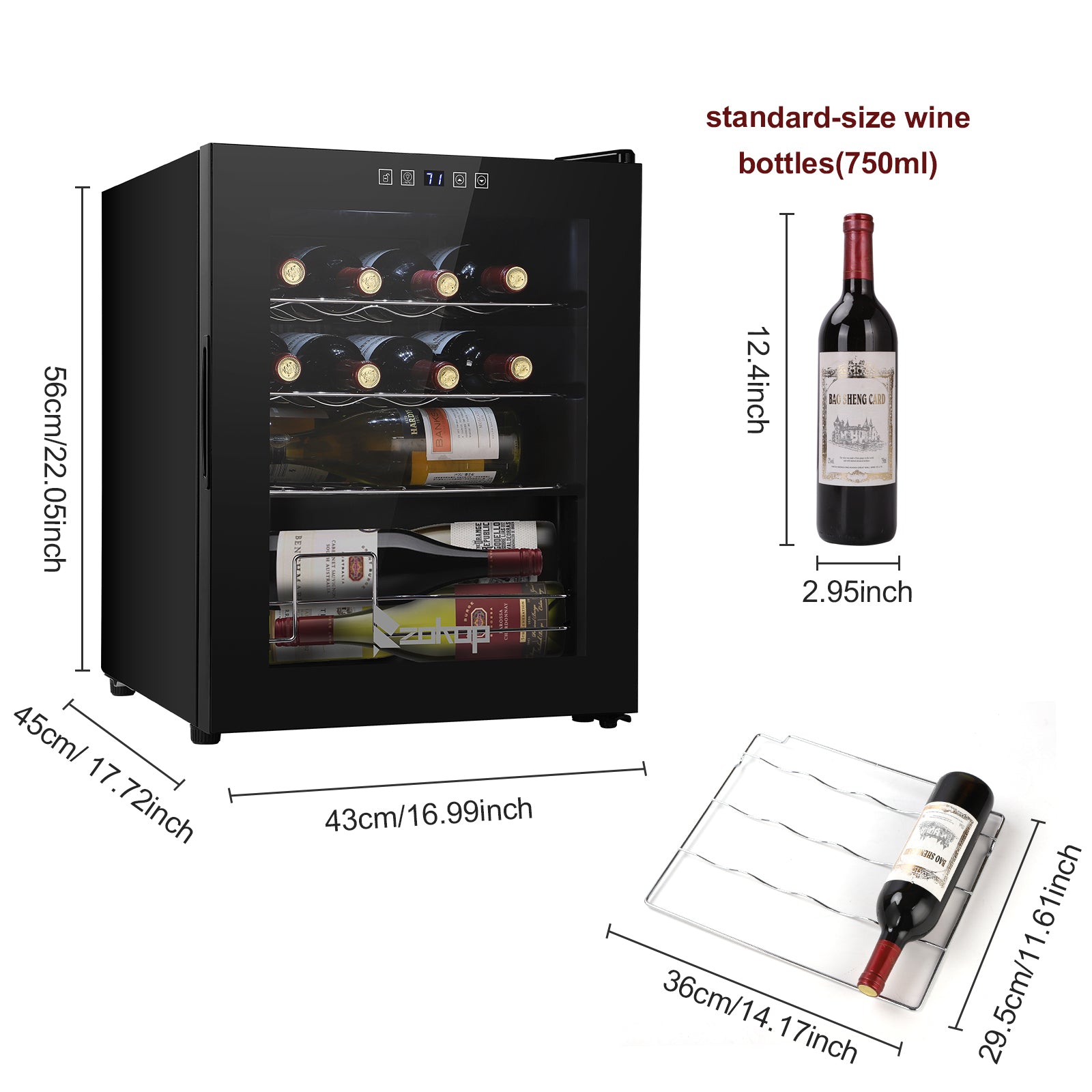 Electronic Wine Fridges, Wine Cabinet Cold Rolled Sheet Transparent Glass Door / 16 Bottle with Display Black
