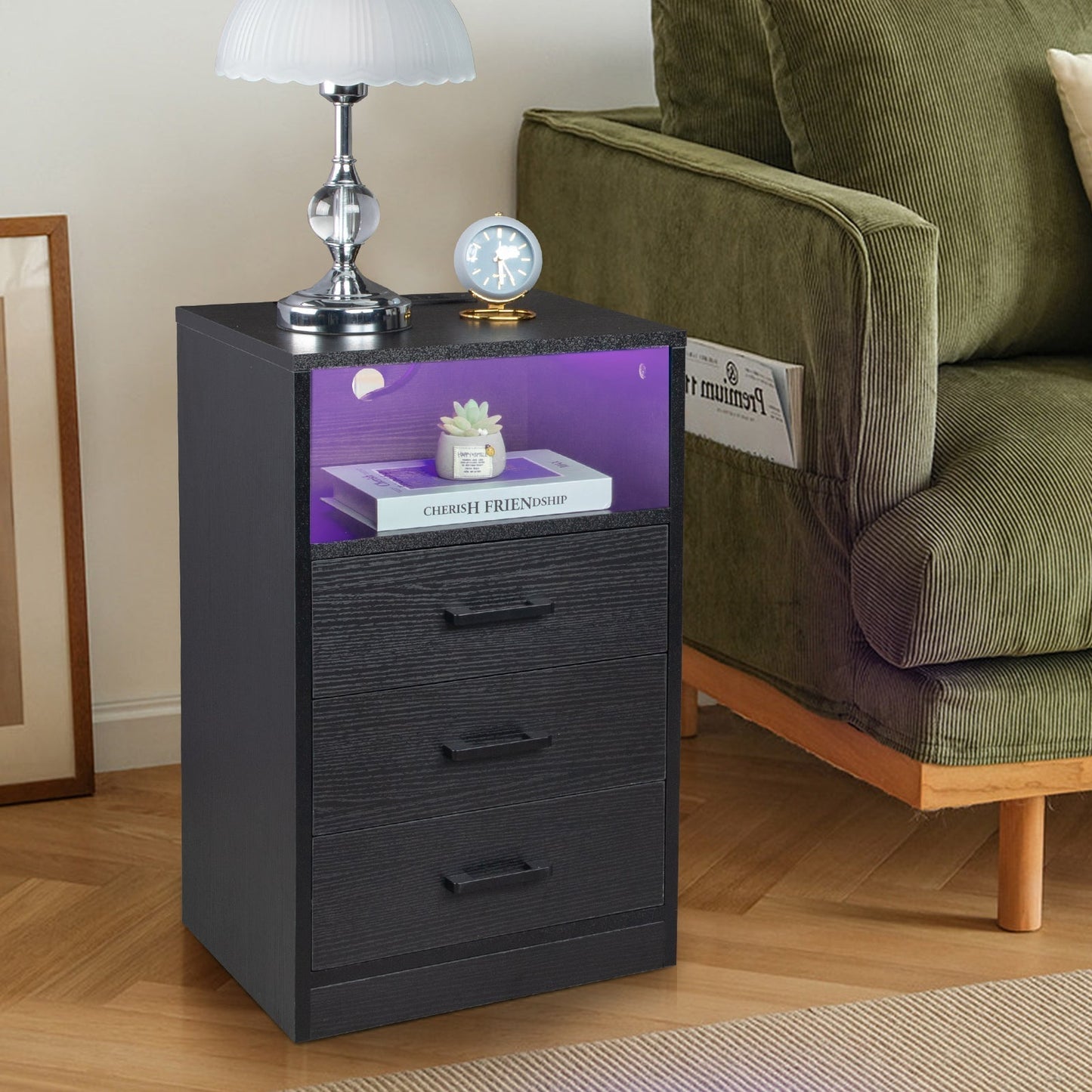 FCH 40*35*65cm Particleboard Pasted Triamine Three Drawers With Socket With LED Light Bedside Table Black