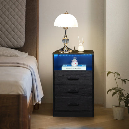 FCH 40*35*65cm Particleboard Pasted Triamine Three Drawers With Socket With LED Light Bedside Table Black