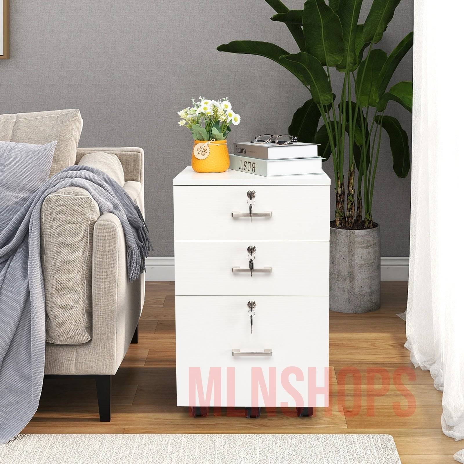 FCH White Wood Grain Density Board Three Drawers Wooden Filing Cabinet