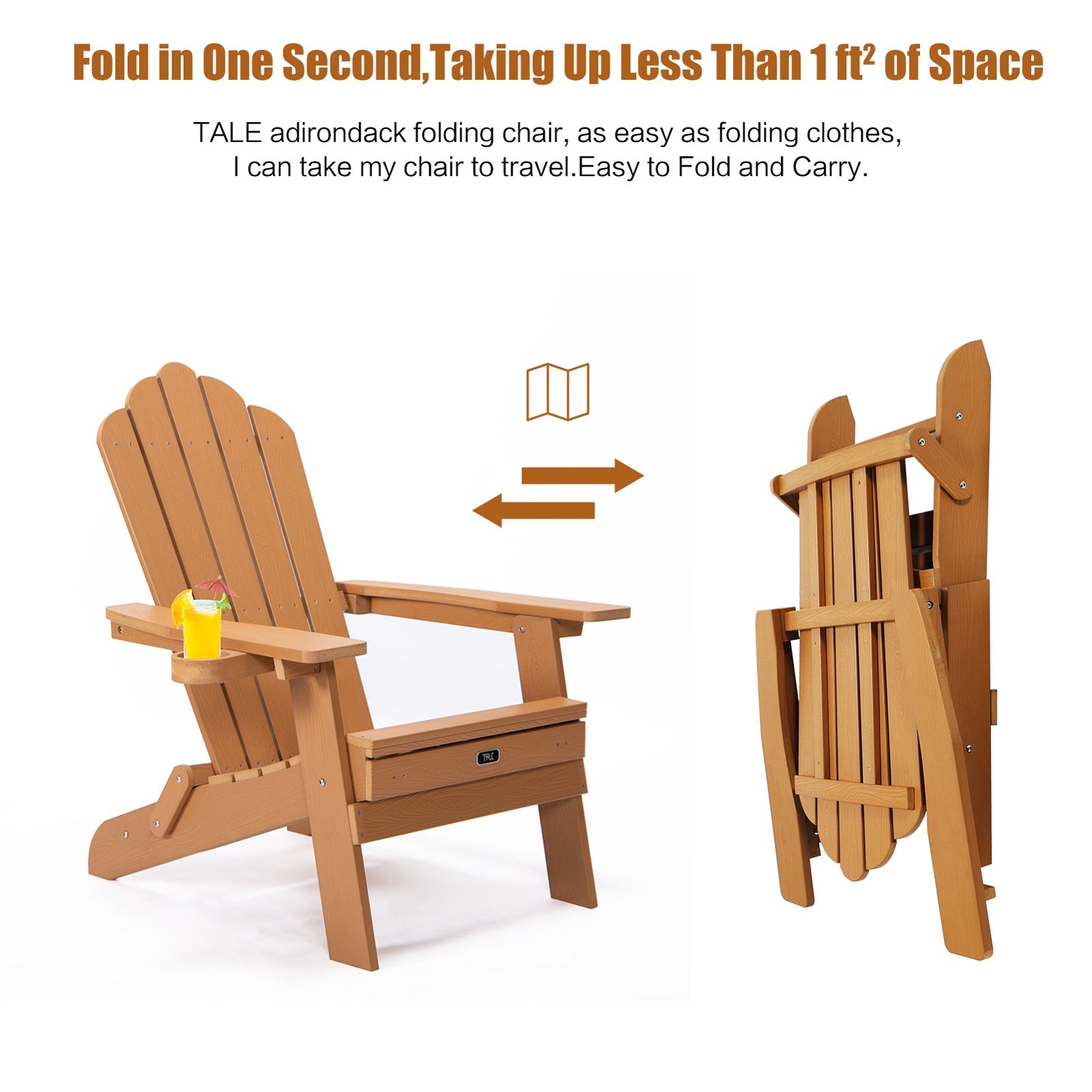 TALE Folding Adirondack Chair with Pullout Ottoman with Cup Holder, Oversized, Poly Lumber,  for Patio Deck Garden, Backyard Furniture