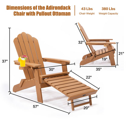TALE Folding Adirondack Chair with Pullout Ottoman with Cup Holder, Oversized, Poly Lumber,  for Patio Deck Garden, Backyard Furniture