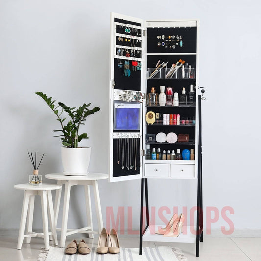 Full mirror wooden floor type with 1 shelf,  3-color led mirror lamp, 8 white interior lamp beads, jewelry storage