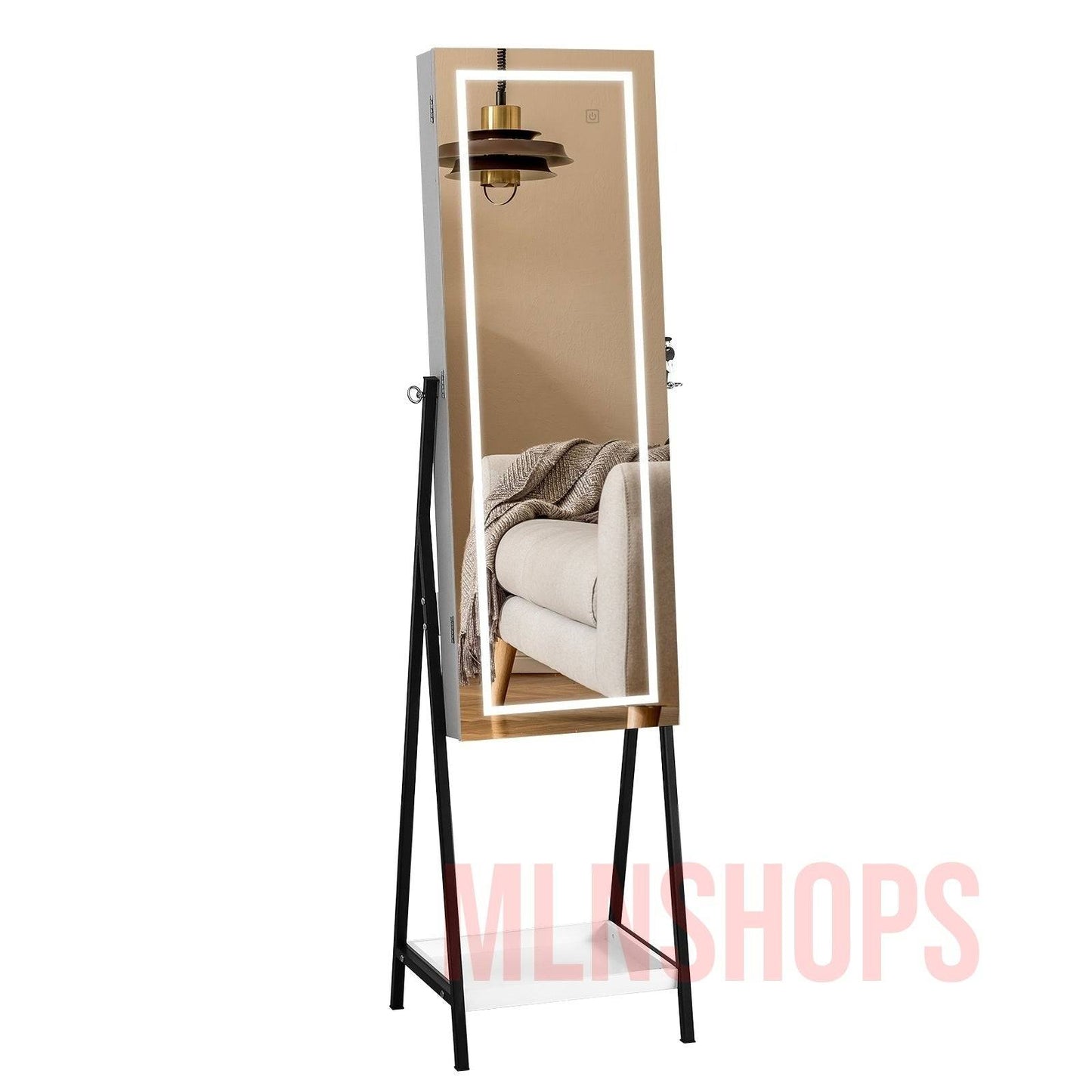 Full mirror wooden floor type with 1 shelf,  3-color led mirror lamp, 8 white interior lamp beads, jewelry storage