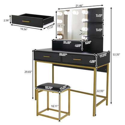 Large Vanity Set with 10 LED Bulbs, Makeup Table with Cushioned Stool, 3 Storage Shelves 2 Drawers