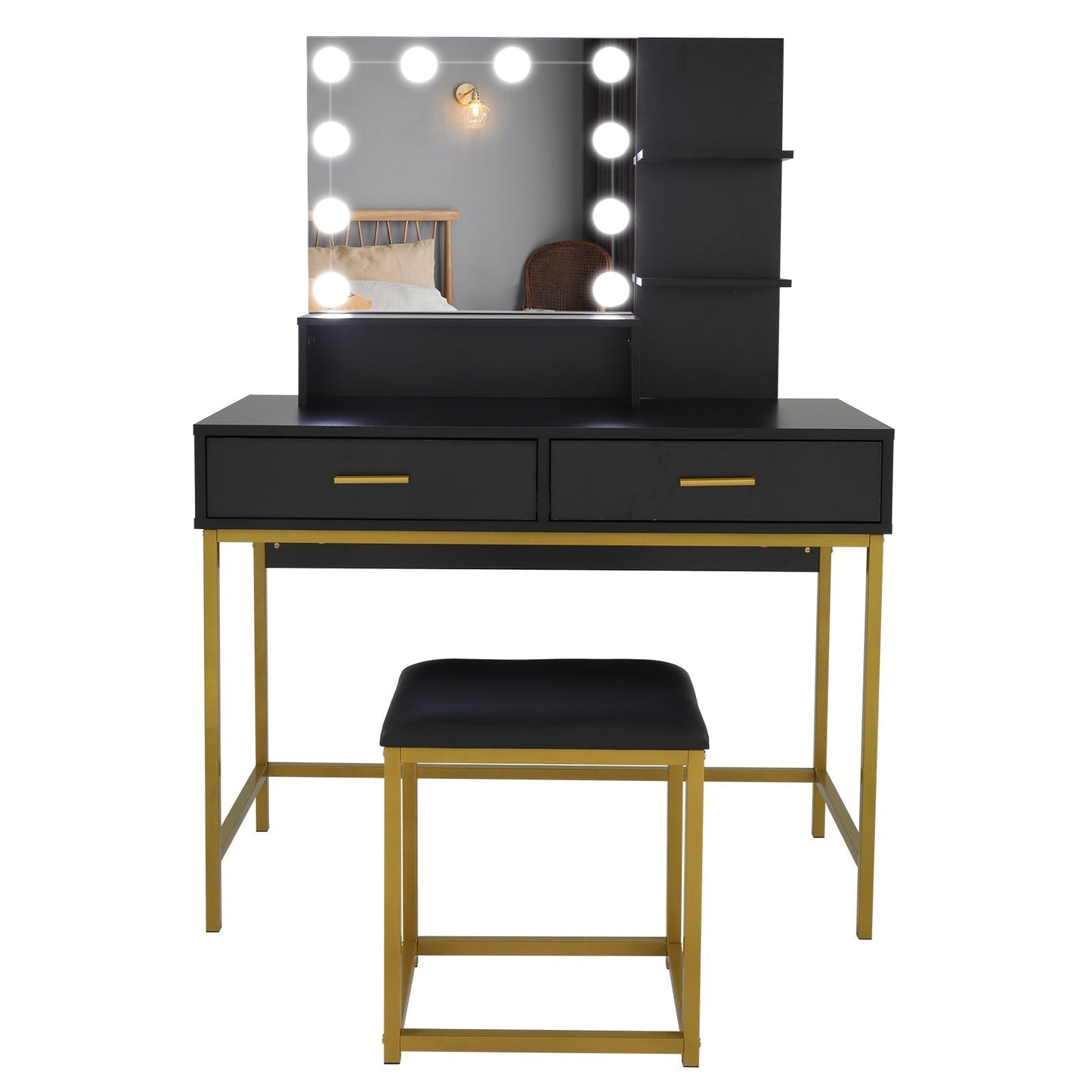 Large Vanity Set with 10 LED Bulbs, Makeup Table with Cushioned Stool, 3 Storage Shelves 2 Drawers