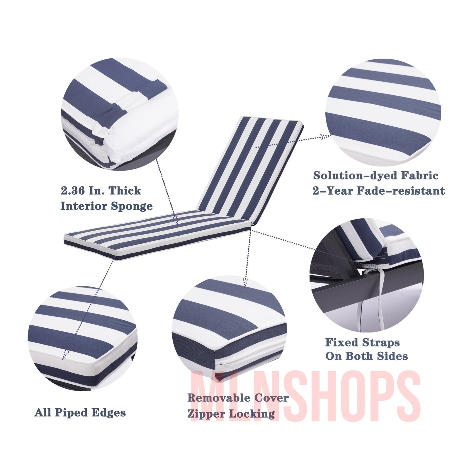 Outdoor Chaise Lounge Cushion Replacement Patio Seat Cushion ,Blue White Stripe