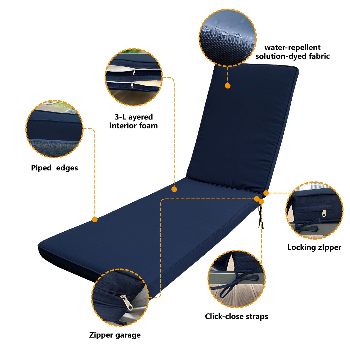 Outdoor Lounge Chair Cushion Replacement Patio Furniture Seat Cushion Chaise Lounge Cushion，NAVY BLUE