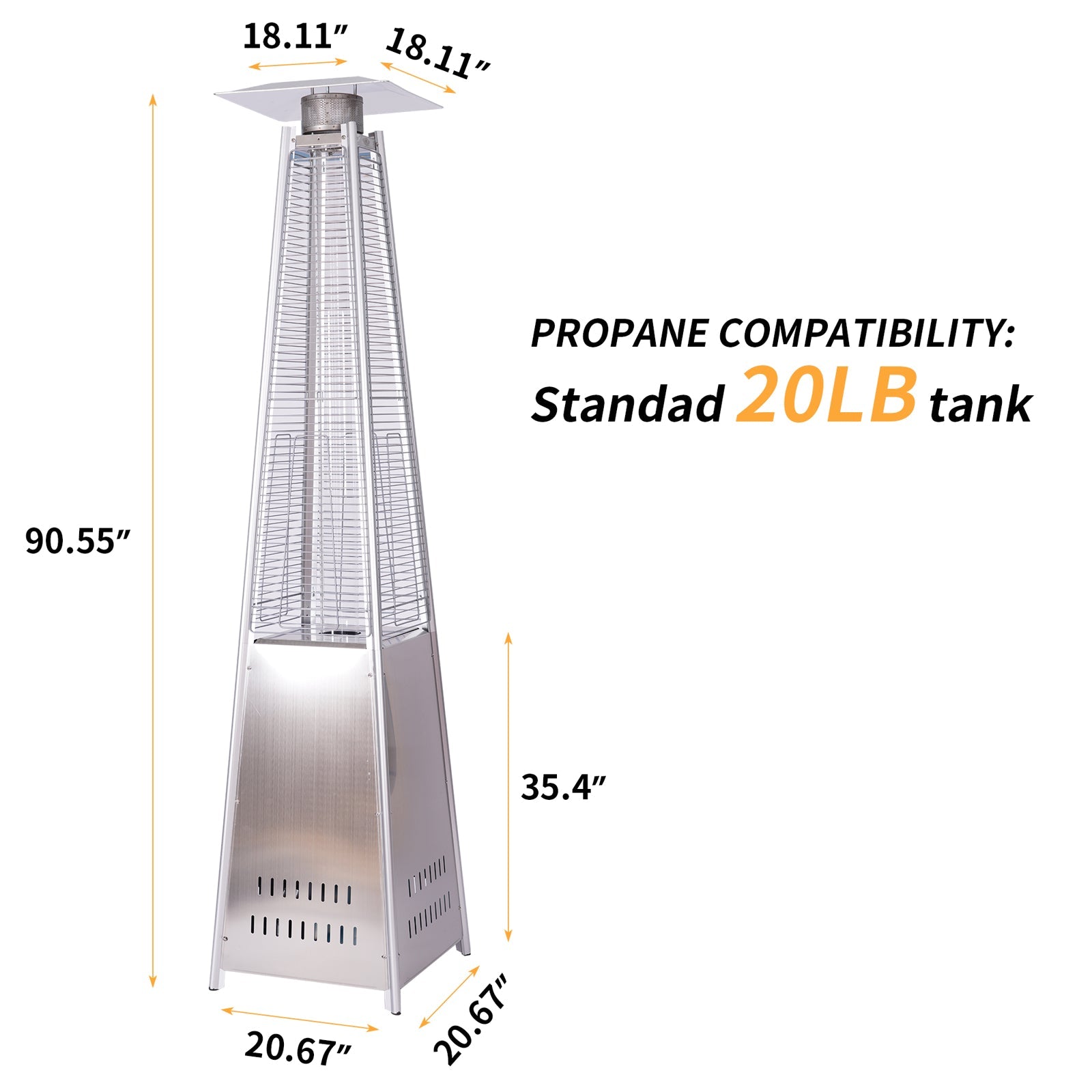 Outdoor Patio Pyramid Propane Space Heater, Portable Flame Heater, W/Wheels,Stainless Steel Color