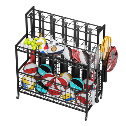 Sports Equipment Organizer, Basketball Storage Rack, Sports Organizer Cart with Basket and Hooks