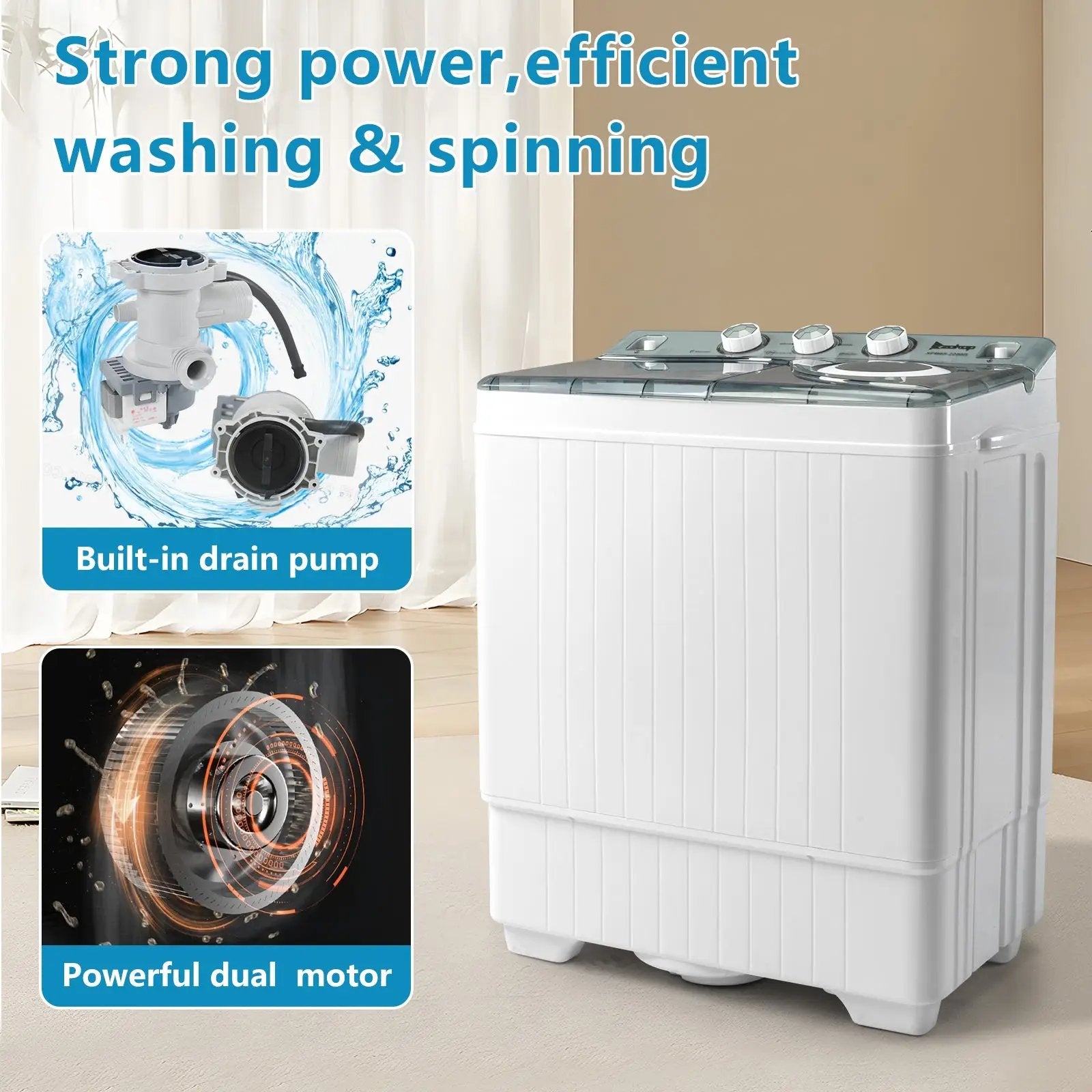 Twin Tub with Built-in Drain Pump XPB65-2288S 26Lbs Semi-automatic Twin Tube Washing Machine for Apartment, White & Grey