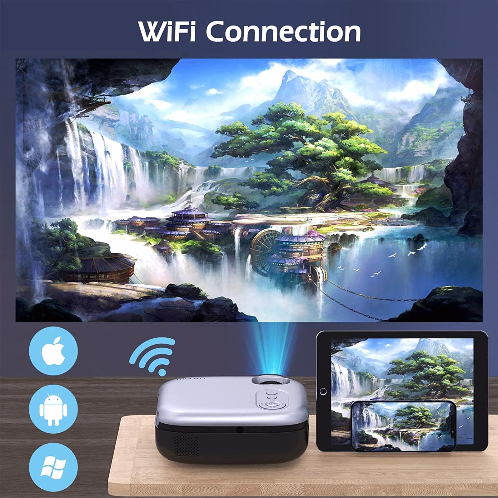 Video Projector with WiFi, 8000L with Carrying Bag, Support 200" Full HD, Gray