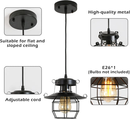Vintage Farmhouse Pendant Light Rustic Metal Caged Pendant Lights Black Cage Hanging Lamp for Kitchen Island Entryway