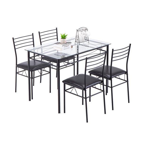 Iron Glass Dining Table and Chairs Black One Table and Four Chairs PU Cushion [110 x 70 x 76cm]