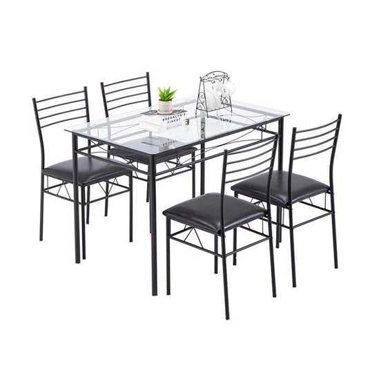 Iron Glass Dining Table and Chairs Black One Table and Four Chairs PU Cushion [110 x 70 x 76cm]